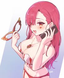  a-ka bare_shoulders blush breasts cellphone cleavage cowboy_shot eye_mask female heterochromia highres holding holding_mask holding_phone hololive houshou_marine how_about_paipai_mask?_(houshou_marine) jewelry large_breasts mask oerba_yun_fang open_mouth panties pendant phone red_eyes red_hair red_panties smartphone solo strapless tube_top underwear virtual_youtuber white_tube_top yellow_eyes 