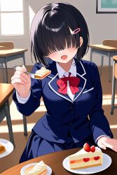  1girls ai_generated black_hair cake feeding female flanofart food fork hair_ornament pov school school_uniform schoolgirl short_hair smile smiling solo solo_female solo_focus tagme wierdgirl_(flanofart) 