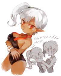  2girls arms_under_breasts black_leotard blunt_bangs blush bracelet breasts cleavage commentary_request cowboy_shot crossed_arms dark-skinned_female dark_skin dragon_quest dragon_quest_builders_2 earrings female_builder_(dqb2) genderswap_(mtf) hair_pulled_back hands_on_another&#039;s_cheeks hands_on_another&#039;s_face hoop_earrings hotaro_(bread_fusa) jewelry large_breasts leotard looking_at_another looking_to_the_side multiple_girls necktie pointy_ears red_nails red_necktie rule_63 side_ponytail sidoh_(dqb2) silver_earrings slit_pupils strapless strapless_leotard sweatdrop translation_request twintails white_hair 