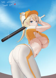  absurdres ass baseball_bat baseball_cap baseball_uniform blonde_hair blue_eyes blue_sky breasts cowboy_shot female gloves goddess_of_victory:_nikke hat highres holding holding_baseball_bat hrnt large_breasts looking_at_viewer navel official_alternate_costume ponytail sky smile sportswear tove_(nikke) underboob white_gloves 