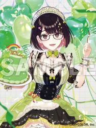  :d alternate_costume ameno_(ameno_f) balloon black-framed_eyewear black_hair bow bowtie brown_eyes cake colored_inner_hair copyright_name detached_collar dress earrings english_text female food fork glasses green_bow green_bowtie hair_ornament happy_birthday headdress heart heart_hair_ornament holding holding_fork holding_plate jewelry looking_back lower_teeth_only multicolored_hair necklace nijisanji official_art open_mouth pink_hair plate rainbow sample_watermark seto_miyako smile solo sparkle streamers teeth tongue virtual_youtuber watermark 