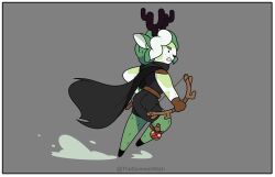  absurd_res adventure_time anthro antlers arrow_(weapon) blue_mouth bow_(weapon) cape cartoon_network clem_satyr clothed clothing curled_hair dagger dust eyebrows fan_character female freckles gloves green_body green_eyebrows green_freckles green_hair hair handwear hi_res hooves horn inner_ear_fluff melee_weapon multicolored_body potion ranged_weapon satyr snaggle_tooth solo thesummerwitch tuft weapon white_body white_hair 