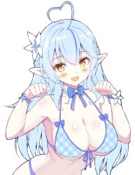  :d ahoge bikini blue_bikini blue_bow blue_bowtie blue_hair blush bow bowtie breasts cleavage commentary_request detached_collar elf female flower hair_flower hair_ornament heart heart_ahoge hololive ishida_aya large_breasts long_hair looking_at_viewer mixed-language_commentary paw_pose pointy_ears simple_background smile solo swimsuit upper_body virtual_youtuber white_background yellow_eyes yukihana_lamy 