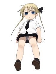  absurdres blonde_hair blue_eyes female fusuma_(suwaru_boom) hair_ribbon highres kill_me_baby long_hair looking_down necktie panties ribbon school_uniform shirt simple_background skirt solo sonya_(kill_me_baby) striped_clothes striped_panties twintails underwear white_background 