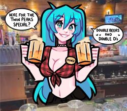  aqua_eyes aqua_hair bar_(place) beer_mug breasts choker cleavage cup english_text female hair_between_eyes hatsune_miku highres holding holding_cup indoors knic_toons long_hair medium_breasts midriff midwestern_miku_(knic_toons) mug navel parted_lips photo_background plaid_clothes plaid_shirt red_shirt shirt short_sleeves smile solo speech_bubble tied_shirt twin_peaks_(restaurant) very_long_hair vocaloid 