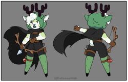  absurd_res adventure_time anthro antlers arrow_(weapon) blue_mouth bow_(weapon) cape cartoon_network clem_satyr clothed clothing curled_hair dagger eyebrows fan_character female freckles front_view gloves green_body green_eyebrows green_freckles green_hair hair handwear hi_res hooves horn inner_ear_fluff melee_weapon multicolored_body multiple_angles potion ranged_weapon satyr small_tail snaggle_tooth solo tail thesummerwitch tuft view_from_back weapon white_body white_hair 