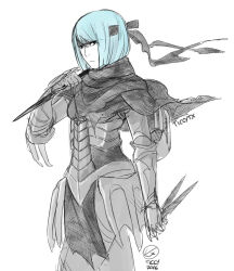  armor beruka_(fire_emblem) black_armor black_headband bob_cut capelet closed_mouth female fire_emblem fire_emblem_fates headband looking_at_viewer short_hair solo ticcy torn_capelet torn_clothes 