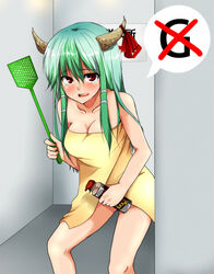  aerosol aqua_hair bare_shoulders blush bottle breasts cleavage collarbone commentary_request convenient_censoring crying crying_with_eyes_open ex-keine female flyswatter green_hair horn_ornament horn_ribbon horns ifuji_sakura insecticide kamishirasawa_keine leaning_forward long_hair looking_at_viewer medium_breasts multicolored_hair naked_towel no_panties open_mouth red_eyes red_ribbon ribbon solo speech_bubble spray_bottle tears thighs touhou towel two-tone_hair 