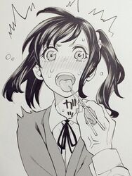  ^^^ anger_vein bad_id bad_twitter_id blush cardigan chopsticks female greyscale hair_ornament hair_scrunchie looking_at_viewer monochrome nakajima_ryou open_mouth original pov school_uniform scrunchie short_hair side_ponytail simple_background solo_focus surprised sweat tongue tongue_grab tongue_out 