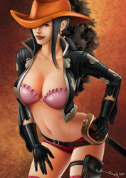  black_gloves black_hair breasts commentary cowboy_hat cutlass english_commentary female gloves hat huge_breasts iury_padilha long_hair navel nico_robin official_alternate_costume one_piece one_piece_film:_z photoshop_(medium) solo 