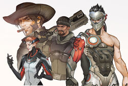  3boys aged_down beanie black_hair blackwatch_(overwatch) blackwatch_cassidy blackwatch_genji blackwatch_moira blackwatch_reyes brown_hair cassidy_(overwatch) collage commentary cyborg dark_skin facial_hair female genji_(overwatch) goatee gun hat mistermagnolia moira_(overwatch) multiple_boys official_alternate_costume over_shoulder overwatch overwatch_1 photoshop_(medium) reaper_(overwatch) red_eyes red_hair shotgun sideburns weapon weapon_over_shoulder 