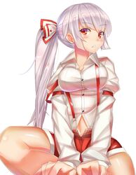  adapted_costume alternate_hairstyle ashu breasts commentary_request female fujiwara_no_mokou hair_ribbon highres juliet_sleeves large_breasts long_hair long_sleeves looking_at_viewer navel ponytail puffy_sleeves red_eyes ribbon short_shorts shorts sitting solo suspenders suspenders_slip touhou very_long_hair white_hair 