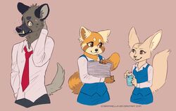  2018 aggretsuko ailurid anthro blush bodily_fluids bottomwear canid canine clothed clothing digital_media_(artwork) female fennec_fox fenneko fox fur group haida_(aggretsuko) hyena male mammal pencil_skirt red_panda retsuko samaella sanrio skirt spotted_hyena sweat text true_fox url 