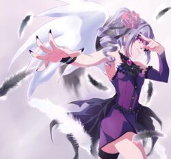  angel_wings asymmetrical_wings bad_id bad_pixiv_id black_feathers black_wings dress drill_hair feathers female grey_hair highres idolmaster idolmaster_cinderella_girls kanzaki_ranko kurosa_kichi long_hair red_eyes rosenburg_engel_(idolmaster) smile solo twin_drills twintails white_wings wings 