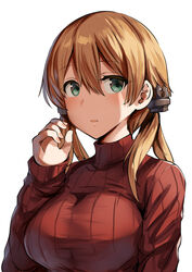  alternate_costume anchor_hair_ornament aqua_eyes blonde_hair breasts female hair_ornament kantai_collection large_breasts lolicept looking_at_viewer low_twintails open_mouth prinz_eugen_(kantai_collection) red_sweater ribbed_sweater simple_background solo sweater twintails upper_body white_background 