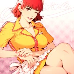  breasts brown_eyes catherine_(game) commentary_request dated dress earrings erica_anderson female jewelry large_breasts maid_headdress mole mole_under_mouth name_tag one_eye_closed red_hair short_dress short_hair signature smile solo stud_earrings uniform usagi_me waitress zipper 