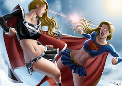  2girls belt blonde_hair blue_eyes breasts cape clenched_hand clenched_teeth cloud commentary commission crop_top dark_persona dc_comics english_commentary eye_beam iury_padilha large_breasts laser long_hair midriff miniskirt multiple_girls navel open_mouth photoshop_(medium) skirt sky supergirl superman_(series) teeth 