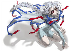  ahoge bad_id bad_pixiv_id blazblue bodysuit cape crotch_plate eyepatch female grey_hair nu-13 photoshop_(medium) red_eyes soojie_roh 