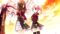  brown_hair cherry_blossoms ensemble_(company) game_cg kimishima_ao komine_manami long_hair mahara_aoi pink_hair ponytail purple_eyes red_eyes sakura_mau_otome_no_rondo seifuku thighhighs 