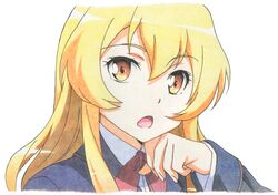  blonde_hair colored_pencil_(medium) commentary_request derivative_work female ikkyuu_tensai jinjin-roririn long_hair orange_eyes ryuugajou_nanana_no_maizoukin solo traditional_media 