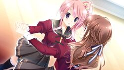  brown_hair ensemble_(company) game_cg kimishima_ao komine_manami long_hair mahara_aoi pink_hair purple_eyes sakura_mau_otome_no_rondo seifuku short_hair thighhighs 