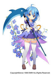  ahoge blue_bow blue_eyes blue_hair blue_skirt bow brown_footwear commentary_request delphinium_(flower_knight_girl) dolphin female flower flower_knight_girl full_body holding holding_scythe holding_weapon larkspur_(flower) looking_at_viewer name_connection object_namesake official_art photoshop_(medium) scythe shoes short_hair skirt smile solo standing sugimeno tachi-e thighhighs weapon white_thighhighs zettai_ryouiki 