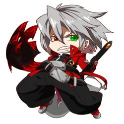  1boy bad_id bad_pixiv_id black_pants blazblue chibi devoured_by_darkness full_body grey_hair heterochromia jerun left-handed male_focus pants ragna_the_bloodedge sword transparent_background weapon 