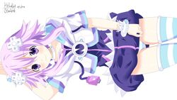  artist_name bracelet clavicle d-pad dress female female hair_ornament helvetica_5tandard highres hood hood_down hoodie jacket jewelry looking_at_viewer neptune_(choujigen_game_neptune) neptune_(series) on_side open_mouth purple_eyes purple_hair short_dress short_hair short_sleeves simple_background smile solo striped striped_legwear striped_thighhighs thighhighs underwear 