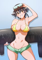  armpits bare_shoulders baron_(nsbaron) black_hair blush breasts brown_eyes cleavage commentary_request female girls_und_panzer goggles goggles_on_head gradient_background grin groin large_breasts micro_shorts narrow_waist navel pepperoni_(girls_und_panzer) shorts smile solo thighs wide_hips 