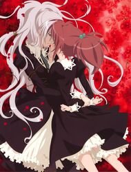  2girls absurdres aoi_nagisa big_hair black_dress dress floral_background flower grabbing_another&#039;s_chin grey_hair hair_bobbles hair_ornament hanazono_shizuma hand_on_another&#039;s_chin highres hug imminent_kiss long_hair long_sleeves multiple_girls necktie official_art petals plant puffy_long_sleeves puffy_sleeves red_background red_hair rose sakai_kyuuta scan school_uniform strawberry_panic! vines yuri 