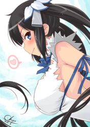  artist_name black_hair blue_eyes blue_ribbon blush breasts commentary_request dated dungeon_ni_deai_wo_motomeru_no_wa_machigatteiru_darou_ka female hair_ribbon heart hestia_(danmachi) highres large_breasts long_hair looking_at_viewer okara profile rei_no_himo ribbon solo speech_bubble twintails upper_body very_long_hair 