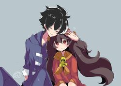  1boy ashley_(warioware) black_hair blue_background blush closed_eyes collarbone commentary_request couple dress female flat_chest herunia_kokuoji hood hoodie hug long_hair long_sleeves looking_at_viewer red_dress red_eyes sad short_hair signature simple_background sitting skull smile straight tears tiara twintails twitter_username upper_body warioware young_cricket 