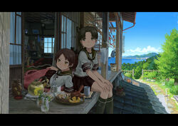  2girls aircraft airplane anchor_symbol architecture ayanami_(kancolle) bay black_socks blanket blue_sky book bow brown_hair calendar_(object) clock cloud commentary_request cup day east_asian_architecture fence flower flower_pot green_eyes grill hair_ribbon hairbow highres jar kantai_collection kettle kotatsu letterboxed looking_at_another looking_away lying mobile mug multiple_girls on_side orange_peel painting_(medium) picture_frame plant ponytail porch pot potted_plant pout ribbon rooftop school_uniform serafuku shichirin shijukara_(great_tit) shikinami_(kancolle) side_handle_teapot side_ponytail sitting sky snack socks table teapot television towel traditional_media trash_can tree watering_can window yunomi 