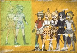  6+girls animal_ears animal_print backpack bag bare_shoulders black_bow black_eyes black_hair black_necktie black_pantyhose blazer blonde_hair boots bow bowtie breast_pocket brown_footwear brown_gloves brown_hair camouflage_trim campo_flicker_(kemono_friends) clenched_hand closed_mouth commentary_request crack egyptian_art elbow_gloves extra_ears from_side full_body fur_collar giraffe_ears giraffe_horns giraffe_print glasses gloves green_hair grey_shirt grey_skirt grey_wolf_(kemono_friends) hat hat_feather head_wings helmet high-waist_skirt highres hologram horns jacket kaban_(kemono_friends) kemono_friends kita_(7kita) knee_boots kneehighs legs_apart long_hair long_sleeves low_ponytail lucky_beast_(kemono_friends) mirai_(kemono_friends) multicolored_hair multiple_girls necktie orange_bow orange_bowtie pantyhose partial_commentary pith_helmet plaid plaid_bow plaid_necktie plaid_skirt pleated_skirt pocket print_bow print_bowtie profile red_shirt reticulated_giraffe_(kemono_friends) scarf serval_(kemono_friends) serval_print shirt shoes short_hair short_sleeves shorts skirt sleeveless sleeveless_shirt socks spoilers standing striped_tail tail thighhighs two-tone_bowtie two-tone_hair white_bow white_bowtie white_footwear white_gloves white_hair white_shirt white_shorts wings wolf_ears wolf_tail yellow_background 