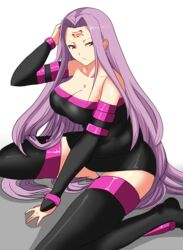  &gt;:( bare_shoulders black_dress black_thighhighs breasts cleavage closed_mouth collarbone commentary_request detached_sleeves dress facial_mark fate/stay_night fate_(series) female forehead_mark from_side frown graphite_(medium) hifumi_hajime highres kneeling large_breasts long_hair looking_at_viewer looking_to_the_side medusa_(fate) medusa_(rider)_(fate) no_blindfold panties pantyshot purple_hair short_dress solo strapless strapless_dress thighhighs traditional_media tube_dress underwear v-shaped_eyebrows very_long_hair white_panties yellow_eyes 