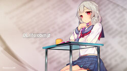  book dlsite.com drink gray_hair logo original red_eyes seifuku short_hair tagme_(artist) watermark xi_lily 