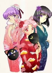  3girls :3 alternate_costume animal_print bad_deviantart_id bad_id bird_print bishoujo_senshi_sailor_moon black_hair blue_eyes blue_kimono bun_cover chibi_usa collarbone commentary crescent cropped_legs double_bun earrings english_commentary floral_print flower hair_bun hair_flower hair_ornament hand_fan hand_on_own_chest highres holding holding_fan japanese_clothes jewelry kanzashi kimono long_hair looking_at_viewer luna-p medium_hair momohara_momoko multiple_girls paper_fan parted_bangs pink_hair pink_kimono print_kimono purple_eyes purple_hair red_eyes red_kimono rurutia8 sidelocks simple_background single_hair_bun smile tomoe_hotaru twintails wide_sleeves 