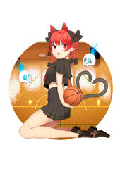  :o alternate_costume animal_ears aqua_fire arms_behind_back bad_id bad_pixiv_id ball basketball basketball_(object) basketball_court black_bow black_footwear black_sailor_collar black_serafuku bow breasts cat_ears cat_tail circle commentary_request crop_top extra_ears female fire flaming_skull from_side hairbow heart heart_tail highres holding holding_ball kaenbyou_rin kneeling kurokawa_(kurokawa_1_1) loafers looking_at_viewer midriff miniskirt multiple_tails neckerchief oerba_yun_fang parted_bangs pleated_skirt pointy_ears red_eyes red_hair red_neckerchief round_image sailor_collar school_uniform serafuku shoes short_hair short_sleeves skirt small_breasts solo tail touhou 