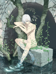  1boy arm_tattoo bishounen blue_eyes chest_tattoo collarbone colored_eyelashes commentary convenient_leg full_body hair_between_eyes highres leaning_on_object looking_at_viewer male_focus monster_boy navel nayu nude open_mouth original outdoors plant plant_boy plant_roots short_hair sitting soaking_feet solo tattoo tree vines water white_hair 