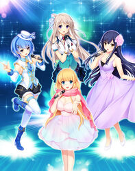  4girls aqua_eyes bare_shoulders bethly_rose_daisley blonde_hair blue_footwear blue_hair boots braid breasts cleavage clothing_cutout company_connection detached_sleeves dress enpera full_body gin&#039;iro_haruka gloves hair_ornament hairclip hat hatsukoi_1/1 high_heel_boots high_heels holding holding_microphone hoshi_ori_yume_mirai jewelry knee_boots large_breasts leg_up long_hair looking_at_viewer makabe_midori medium_breasts microphone mini_hat multiple_girls narusawa_rikka necktie official_art open_mouth ousaka_sora outstretched_arm pink_dress pink_scarf pleated_skirt purple_dress purple_eyes scarf short_dress short_sleeves shorts shoulder_cutout skirt sleeveless smile sparkle thighhighs tone_work&#039;s white_footwear white_gloves white_legwear yellow_eyes 