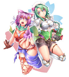  2girls :d animal_ears armor armored_boots ayase_tamaki bashira_(sennen_sensou_aigis) black_gloves boots breasts brown_gloves cat_ears cleavage clenched_hand commentary_request company_connection dmm expressionless fingerless_gloves flower_knight_girl full_body gloves green_hair green_shirt hair_ornament hairclip hat highres knee_boots looking_at_viewer medium_breasts multiple_girls open_mouth outstretched_hand panties purple_eyes purple_hair saboten_(flower_knight_girl) sennen_sensou_aigis shirt short_hair shorts side-tie_panties smile thighhighs underwear white_hat 