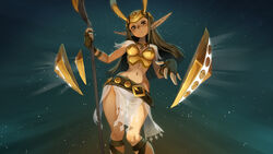  absurdres armor armored_dress bad_id bad_tumblr_id belt breastplate breasts brown_eyes brown_hair capelet dark-skinned_female dark_skin dofus eyeshadow fake_horns feca_(dofus) female fingerless_gloves gloves gorget half-closed_eyes helmet highres horned_helmet horns krosmaga legs_together long_hair looking_at_viewer makeup medium_breasts midriff narrow_waist navel photoshop_(medium) pointy_ears polearm see-through skirt solo star_(symbol) starry_background thighs weapon wide_hips xaxaxa 