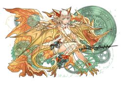  bare_shoulders blonde_hair blue_eyes commentary_request dragon dragon_girl dress female gears halterneck hino_shinnosuke horns myr_(p&amp;d) official_art puzzle_&amp;_dragons scales short_hair solo sword talons weapon white_dress 