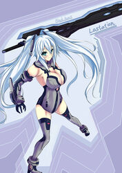  absurdres alternate_breast_size anklet aqua_eyes armlet armpits bad_id bad_pixiv_id bare_shoulders black_heart_(neptunia) blush bracer breasts character_name cleavage cleavage_cutout clothing_cutout elbow_gloves english_text female fighting_stance from_side full_body gloves grey_thighhighs hair_between_eyes halterneck headgear high_heels highres holding holding_weapon huge_weapon ill_(0022) jewelry large_breasts legs_apart leotard light_smile long_hair looking_at_viewer magical_girl neptune_(series) power_symbol power_symbol-shaped_pupils sideboob sidelocks smile solo standing sword symbol-shaped_pupils thighhighs turtleneck twintails very_long_hair weapon white_hair 