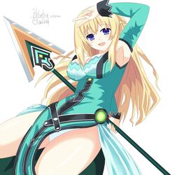  artist_name blonde_hair blush breasts cleavage detached_collar detached_sleeves dress female female female_only green_outfit helvetica_5tandard highres holding_weapon lance large_breasts light-skinned long_hair looking_at_viewer neptune_(series) one_arm_up polearm sidelocks simple_background smile solo thighs v vert very_long_hair weapon white_background 