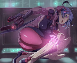  ass blue_hair bodysuit breasts commentary_request female glowing gun handgun helmet highres large_breasts lips long_hair mirage_(warframe) otoi_rekomaru pink_eyes secondary_weapon_(warframe) smile solo thick_thighs thighs unworn_headwear unworn_helmet warframe weapon 