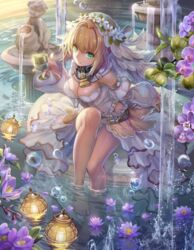  ahoge barefoot belt blonde_hair breasts bridal_veil bud chalice cleavage closed_mouth commentary_request crocus_(flower) cup detached_collar detached_sleeves fate/extra fate/extra_ccc fate_(series) female flower fountain green_eyes hair_between_eyes hair_intakes hand_up holding holding_cup knee_up large_breasts lock looking_at_viewer nero_claudius_(bride)_(fate) nero_claudius_(bride)_(second_ascension)_(fate) nero_claudius_(fate) orchid padlock petals petals_on_liquid purple_flower revision sculpture showgirl_skirt sidelocks sitting smile soaking_feet solo torino_aqua veil water water_lily_flower white_sleeves wide_sleeves 