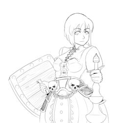  armor breasts cosplay female hagiwara_yukiho highres idolmaster monochrome shield short_hair skull slk_(drawfag) solo tree_of_savior 