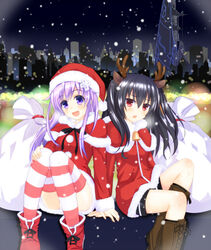  2girls black_hair blush boots christmas commentary_request d-pad fuji_kakei long_hair multiple_girls nepgear neptune_(series) open_mouth panties purple_eyes purple_hair red_eyes smile striped_clothes striped_thighhighs thighhighs underwear uni_(neptunia) 