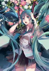  absurdres beamed_eighth_notes beamed_sixteenth_notes blue_eyes blue_hair commentary_request dj.adonis eighth_note female flower hatsune_miku highres long_hair microphone music musical_note open_mouth quarter_note singing sixteenth_note solo treble_clef very_long_hair vocaloid 